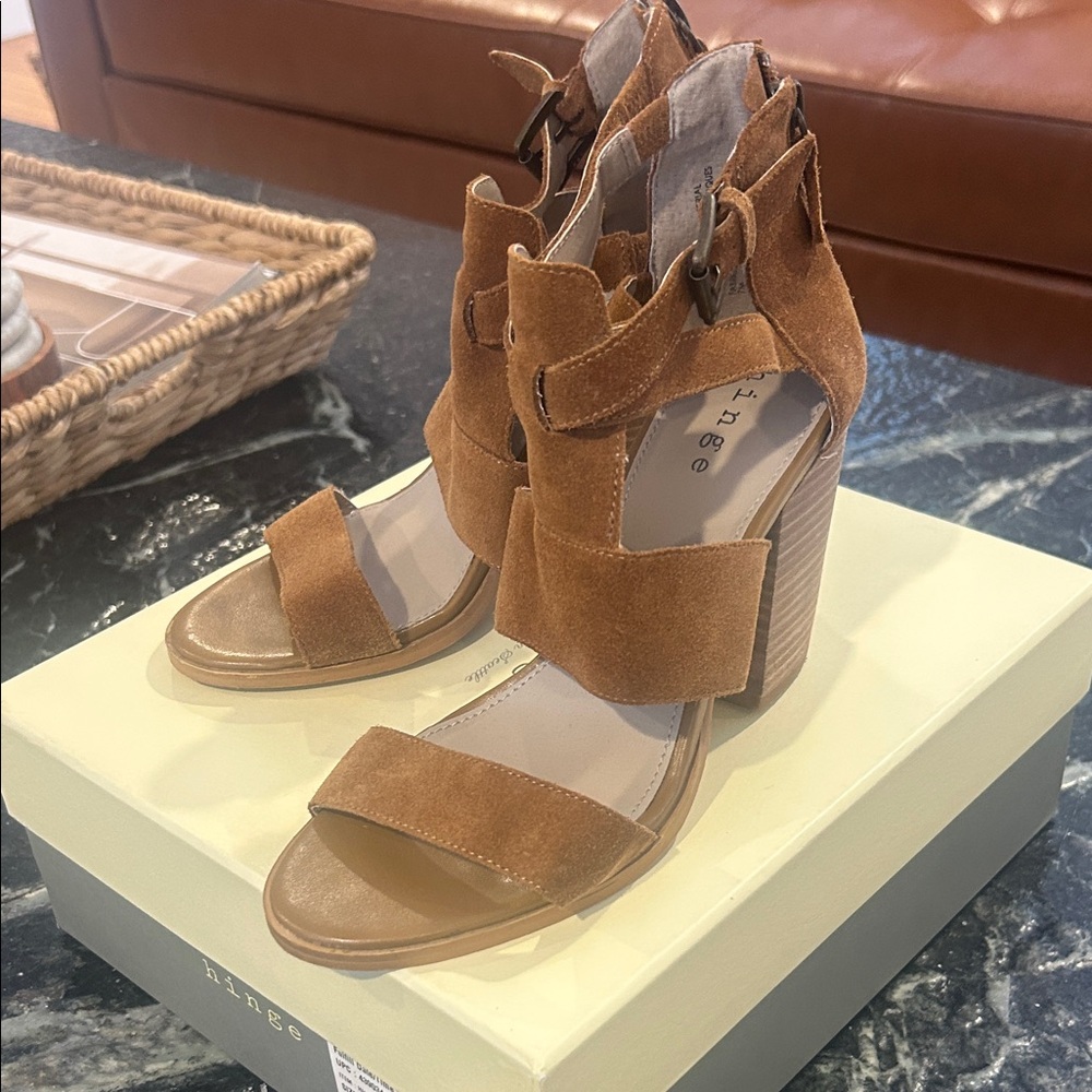 Hinge Brown Suede Heeled Sandals